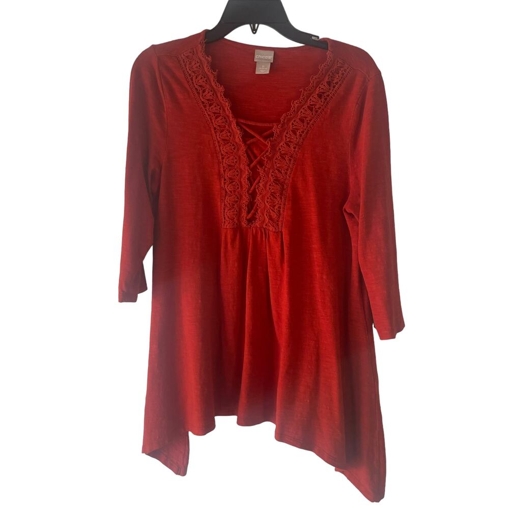 Chico's Women's Size 1โ Small Orange Lace Front Boho Tunic Top